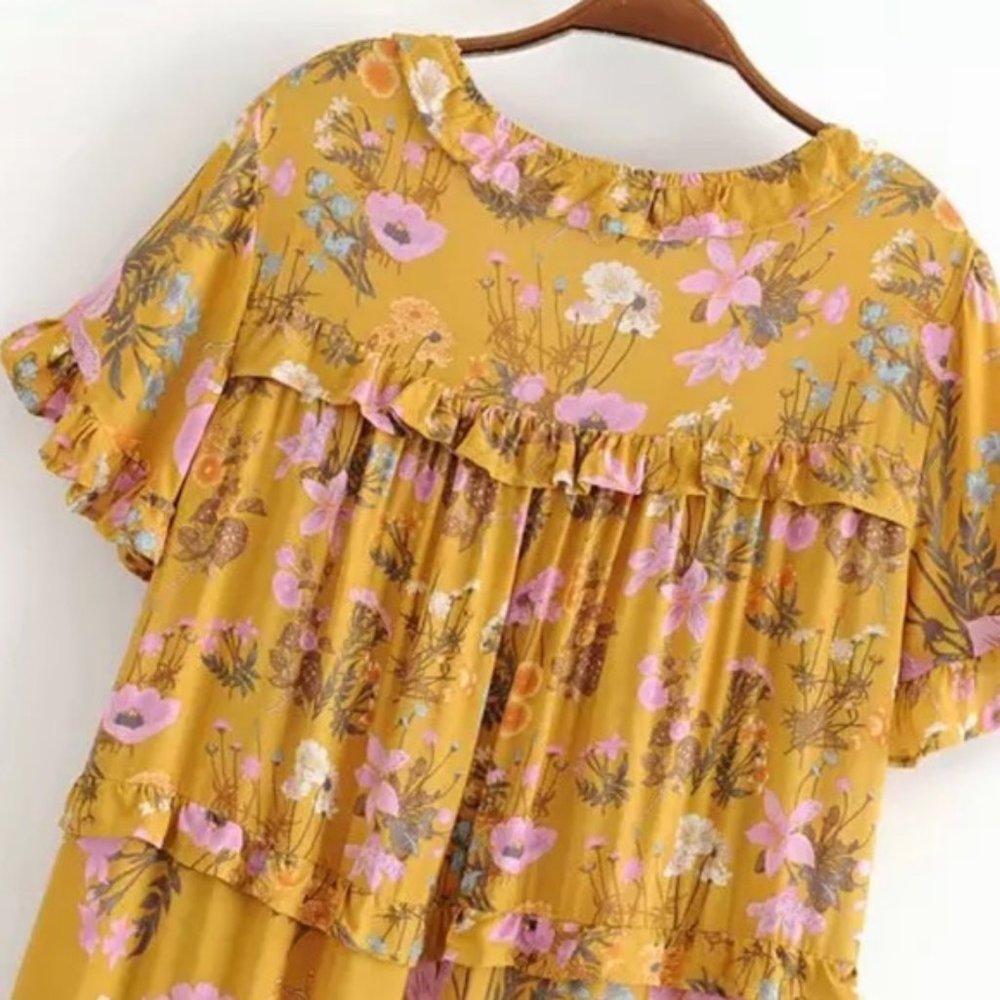 Boho 60s Floral Gypsy Print Maxi Dress Yellow - Picture 6 of 14